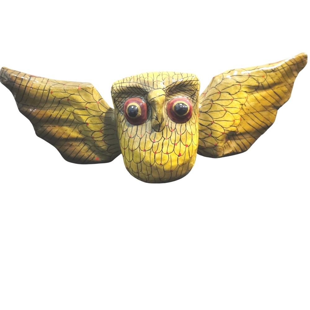 Vintage 70s Mexican Paper Mache Owl Sculpture Signed Hand Painted Folk Art Decor